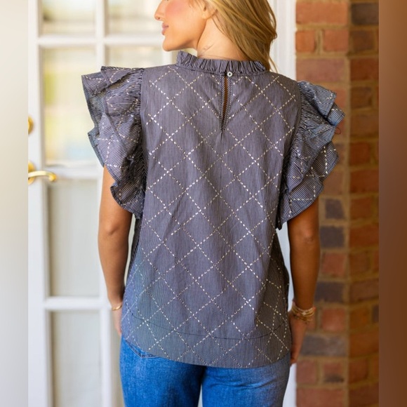 JODIFL Black / White Stripe Ruffled Sleeveless Blouse with sparkle design - Picture 4 of 16